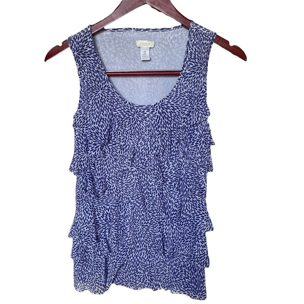 Chico's Tank Top Women's Small 32x22.5 Inch Purple White Tier Ruffle Top Stretch